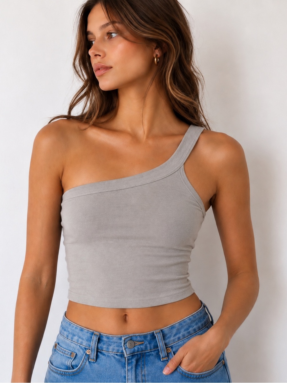 Brandy Melville One Shoulder Crop Tank Top Gray Taupe One Size NWT